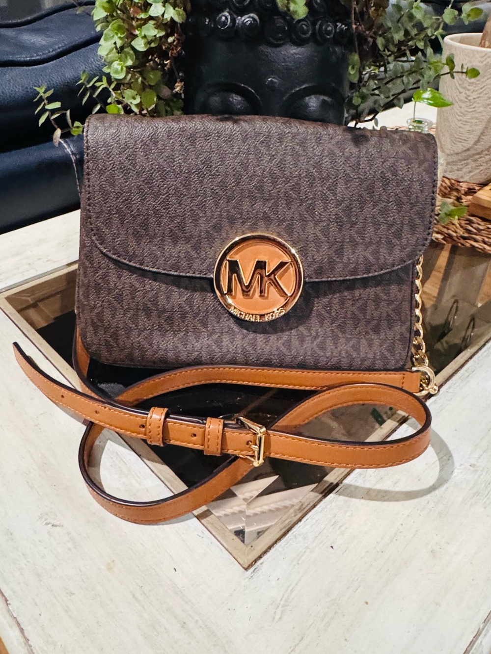 Michael Kors Brown Signature Crossbody with Tan Leather Strap and Gold Logo